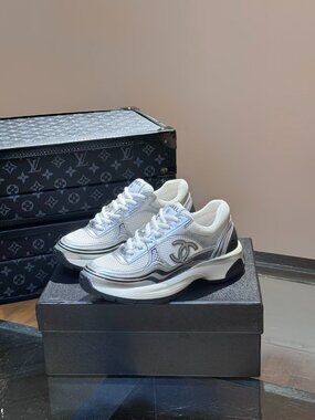 Chanel Silver White Interlocking CC Logo Dad Sneakers Women's Luxury Athletic